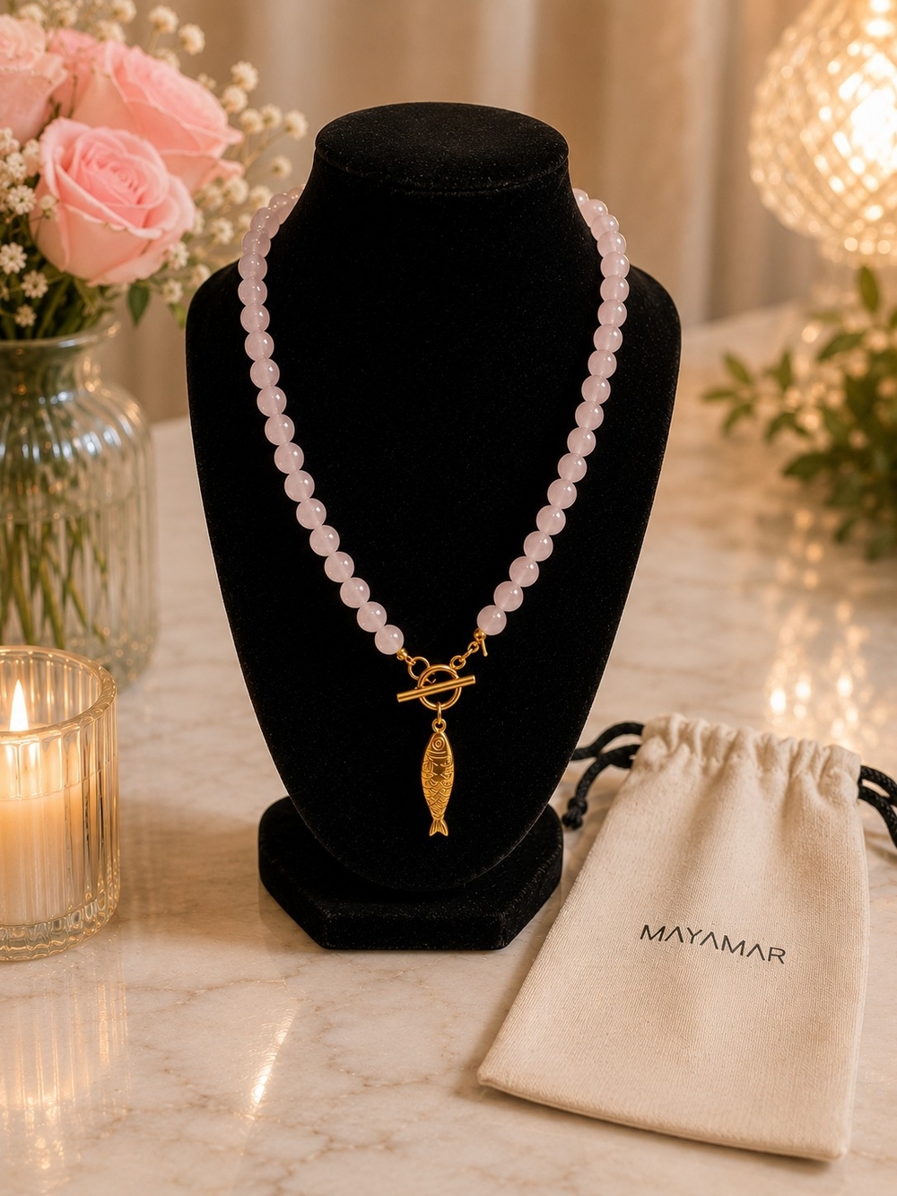 Mayamar Rose Quartz Beaded Necklace with Gold Fish Charm